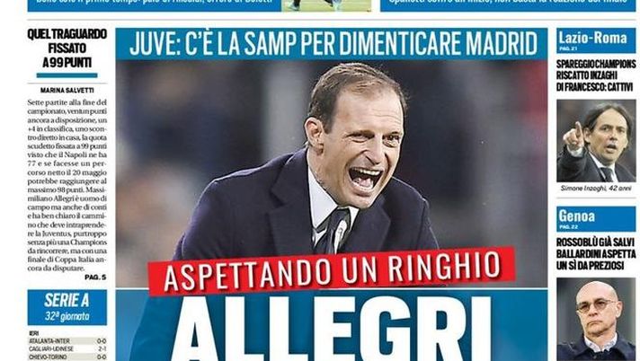 Prima Pagina, Tuttosport: “Allegri e furiosi. Mazzarri, che rabbia. Lazio-Roma spareggio Champions. Ballardini aspetta Preziosi…” Prima Pagina, Tuttosport: “Allegri e furiosi. Mazzarri, che rabbia. Lazio-Roma spareggio Champions. Ballardini aspetta Preziosi…”