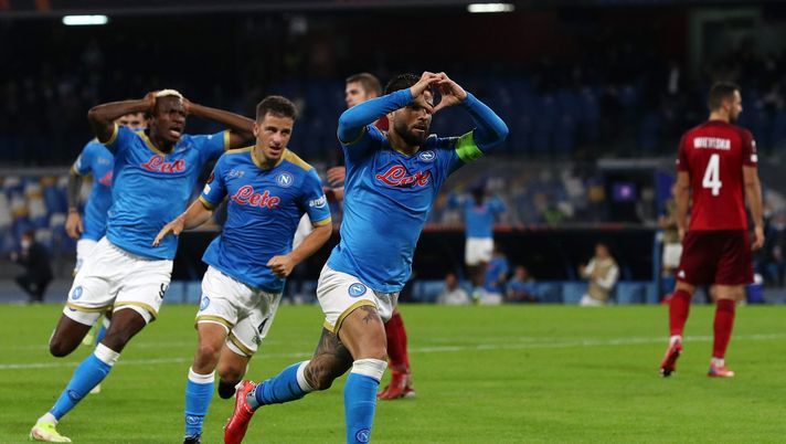 NAPLES, ITALY - OCTOBER 21: Lorenzo Insigne of SSC Napoli celebrates after scoring their sides first goal during the UEFA Europa League group C match between SSC Napoli and Legia Warszawa at Stadio Diego Armando Maradona on October 21, 2021 in Naples, Italy. (Photo by Francesco Pecoraro/Getty Images) NAPLES, ITALY - OCTOBER 21: Lorenzo Insigne of SSC Napoli celebrates after scoring their sides first goal during the UEFA Europa League group C match between SSC Napoli and Legia Warszawa at Stadio Diego Armando Maradona on October 21, 2021 in Naples, Italy. (Photo by Francesco Pecoraro/Getty Images)