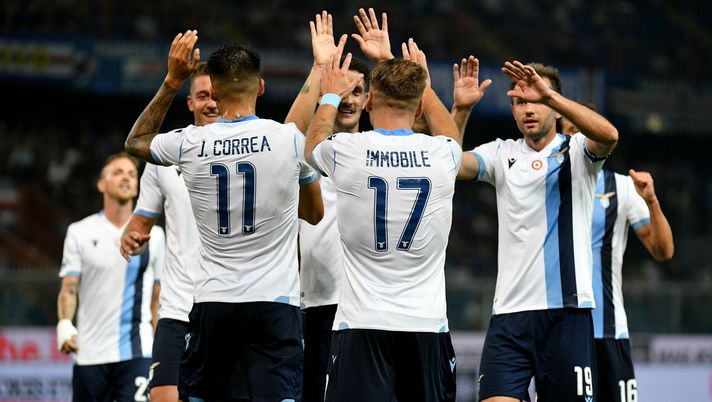 GENOA, ITALY - AUGUST 25: Ciro Immobile of SS Lazio celebrate a third goal with his team mates during the Serie A match between UC Sampdoria and SS Lazio at Stadio Luigi Ferraris on August 25, 2019 in Genoa, Italy. (Photo by Marco Rosi/Getty Images) GENOA, ITALY - AUGUST 25: Ciro Immobile of SS Lazio celebrate a third goal with his team mates during the Serie A match between UC Sampdoria and SS Lazio at Stadio Luigi Ferraris on August 25, 2019 in Genoa, Italy. (Photo by Marco Rosi/Getty Images)