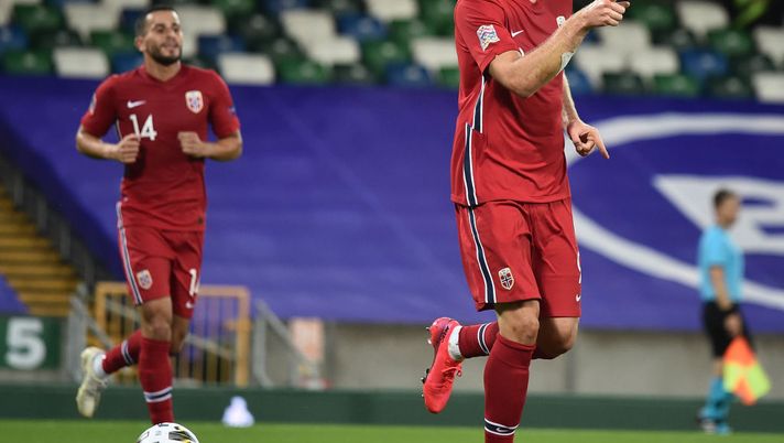 BELFAST, NORTHERN IRELAND - SEPTEMBER 07: Alexander Sorloth of Norway celebrates after scoring their third goal during the UEFA Nations League group stage match between Northern Ireland and Norway at National Stadium on September 7, 2020 in Belfast, United Kingdom. (Photo by Charles McQuillan/Getty Images) BELFAST, NORTHERN IRELAND - SEPTEMBER 07: Alexander Sorloth of Norway celebrates after scoring their third goal during the UEFA Nations League group stage match between Northern Ireland and Norway at National Stadium on September 7, 2020 in Belfast, United Kingdom. (Photo by Charles McQuillan/Getty Images)