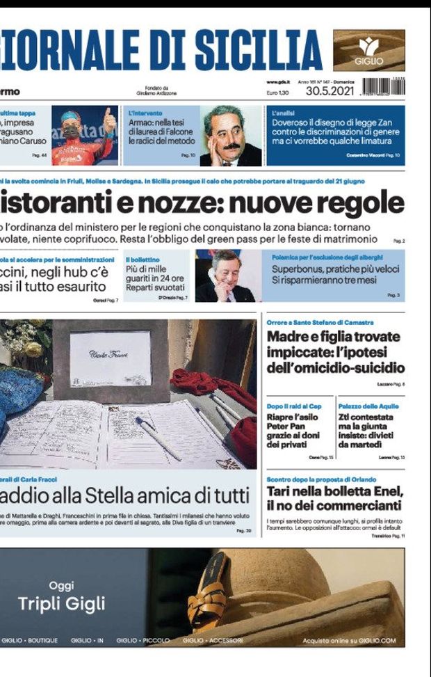 Prima Pagina, Giornale di Sicilia: “Ristoranti e nozze, nuove regole. Vaccini, negli hub quasi il tutto esaurito” 