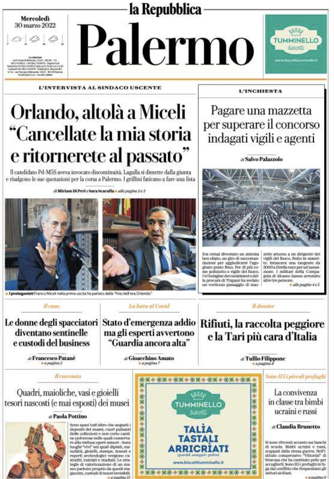 Prima Pagina, La Repubblica-Palermo: “Rifiuti la raccolta peggiore. Orlando a Miceli” prima pagina