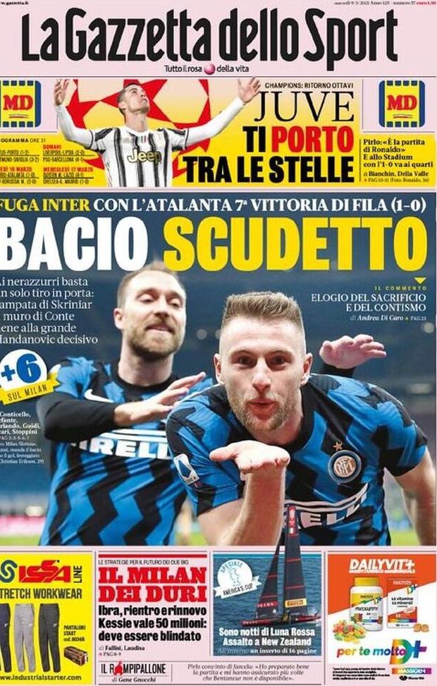 La Gazzetta dello Sport, la prima pagina di oggi, martedì 9 marzo 2021 