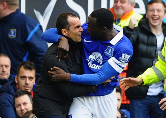 LIVERPOOL, ENGLAND - APRIL 06: Romelu Lukaku of Everton celebrates scoring the second goal with Manager Roberto Martinez during the Barclays Premier League match between Everton and Arsenal at Goodison Park on April 6, 2014 in Liverpool, England. (Photo by Laurence Griffiths/Getty Images) LIVERPOOL, ENGLAND - APRIL 06: Romelu Lukaku of Everton celebrates scoring the second goal with Manager Roberto Martinez during the Barclays Premier League match between Everton and Arsenal at Goodison Park on April 6, 2014 in Liverpool, England. (Photo by Laurence Griffiths/Getty Images)