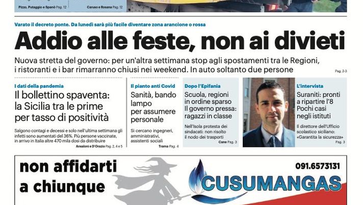 Prima Pagina, Giornale di Sicilia: “Addio alle feste, non ai divieti. Strade di sangue”  Prima Pagina, Giornale di Sicilia: “Addio alle feste, non ai divieti. Strade di sangue”