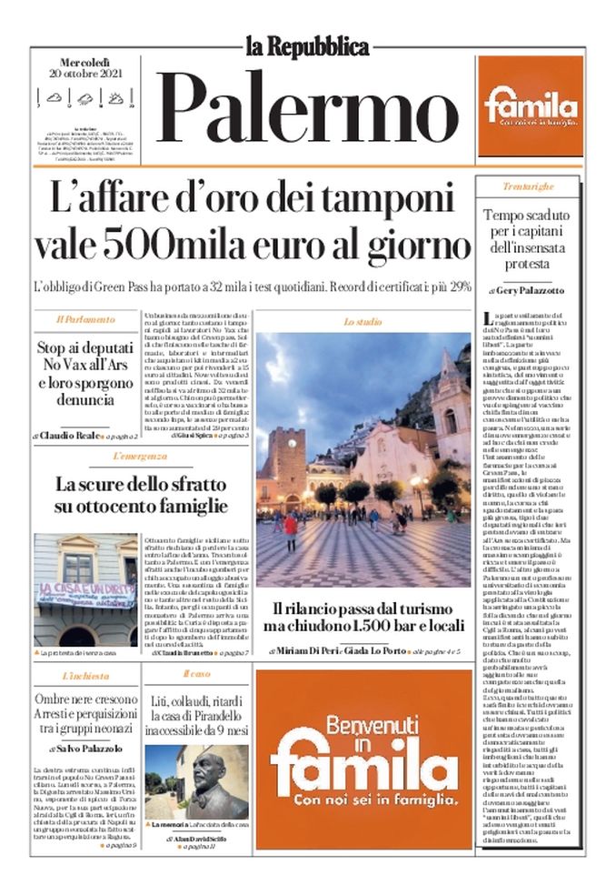Prima Pagina, La Repubblica-Palermo: “L’affare d’oro dei tamponi”  Prima Pagina, La Repubblica-Palermo: “L’affare d’oro dei tamponi” - immagine 1