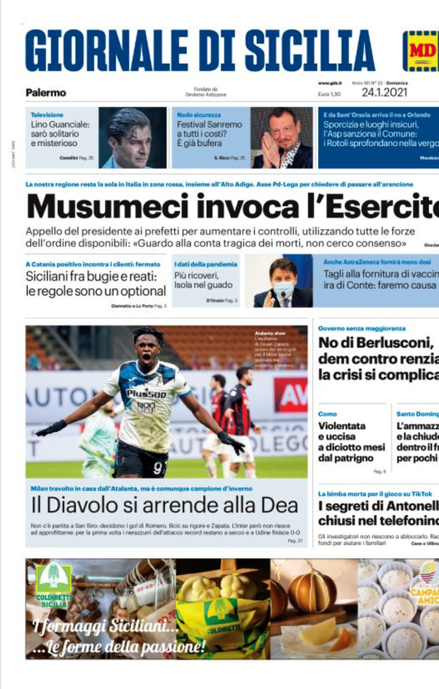 Prima Pagina, Giornale di Sicilia: &#8220;Coronavirus, Musumeci invoca l&#8217;Esercito. Siciliani fra bugie e reati&#8221;