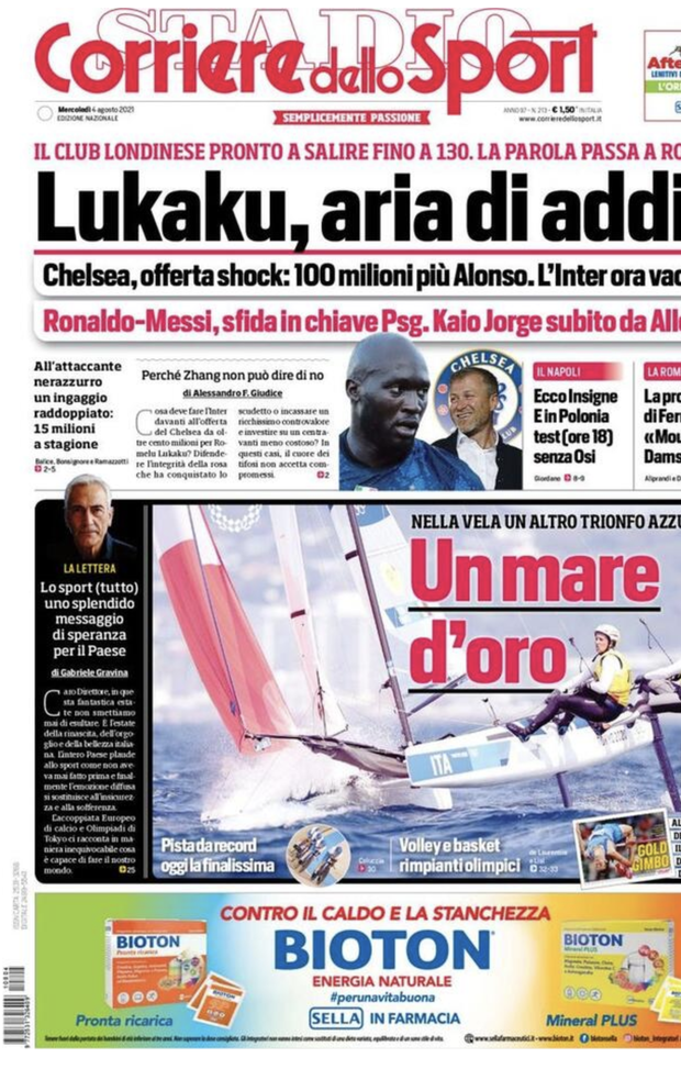 Prima Pagina, Corriere dello Sport: “Lukaku, aria di addio. CR7-Messi, sfida PSG” Prima Pagina, Corriere dello Sport: “Lukaku, aria di addio. CR7-Messi, sfida PSG”