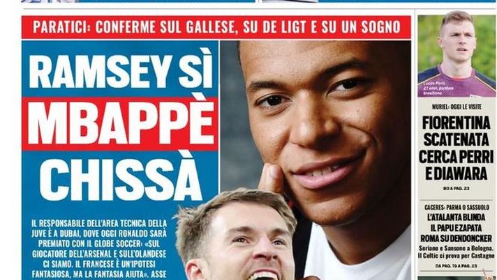 Prima Pagina, Tuttosport: “Ramsey sì, Mbappé chissà. Inter: Donsah o Jankto. Fiorentina scatenata. L’Atalanta…” Prima Pagina, Tuttosport: “Ramsey sì, Mbappé chissà. Inter: Donsah o Jankto. Fiorentina scatenata. L’Atalanta…”