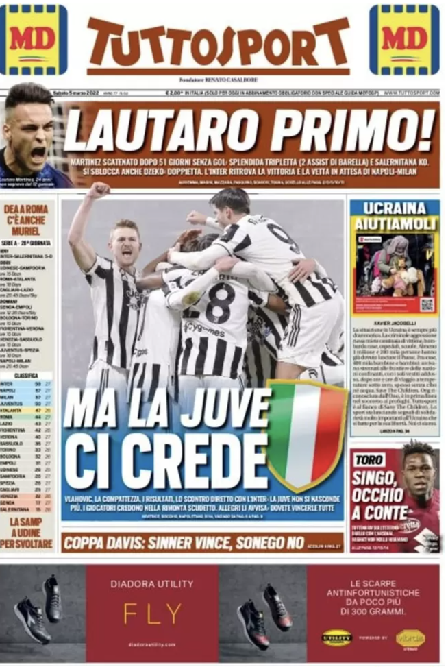 Prima Pagina, Tuttosport: “Lautaro primo, ma la Juve ci crede” prima pagina