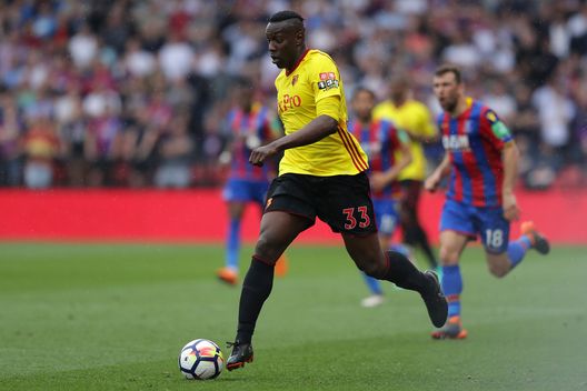 WATFORD, ENGLAND - APRIL 21: Stefano Okaka of Watford in action during the Premier League match between Watford and Crystal Palace at Vicarage Road on April 21, 2018 in Watford, England. (Photo by Richard Heathcote/Getty Images) 