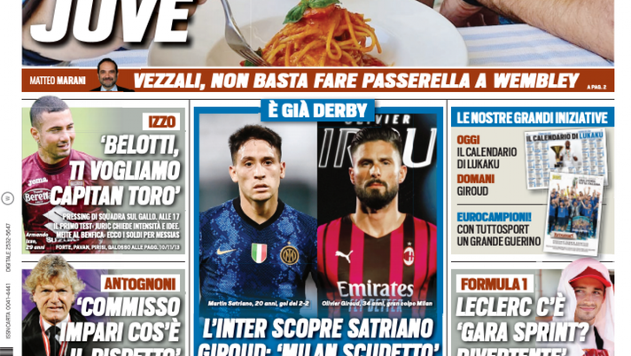 Prima Pagina, Tuttosport: “Pasta Italia per la Juve. L’Inter scopre Satriano”  Prima Pagina, Tuttosport: “Pasta Italia per la Juve. L’Inter scopre Satriano”