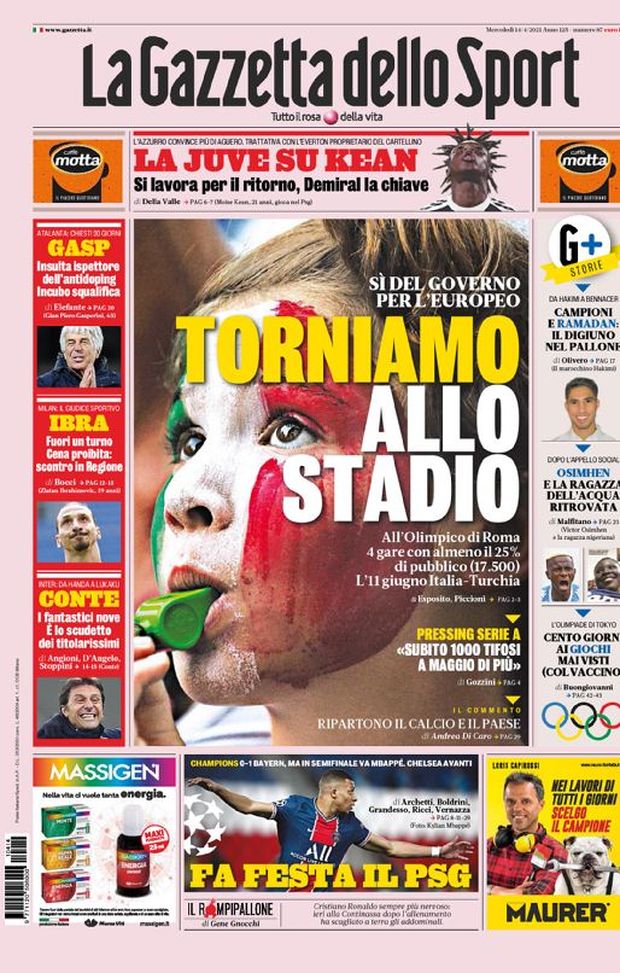 Prima Pagina, La Gazzetta dello Sport: “Torniamo allo stadio. La Juve su Kean, Demiral la chiave. Ibra, scontro in Regione” 