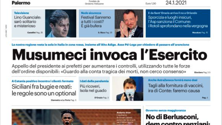 Prima Pagina, Giornale di Sicilia: &#8220;Coronavirus, Musumeci invoca l&#8217;Esercito. Siciliani fra bugie e reati&#8221;
