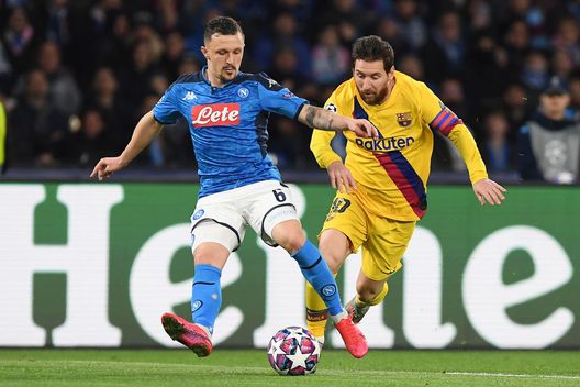 of SSC Napoli vies with Lionel Messi of FC Barcelona during the UEFA Champions League round of 16 first leg match between SSC Napoli and FC Barcelona at Stadio San Paolo on February 25, 2020 in Naples, Italy. (Photo by Francesco Pecoraro/Getty Images) of SSC Napoli vies with Lionel Messi of FC Barcelona during the UEFA Champions League round of 16 first leg match between SSC Napoli and FC Barcelona at Stadio San Paolo on February 25, 2020 in Naples, Italy. (Photo by Francesco Pecoraro/Getty Images)