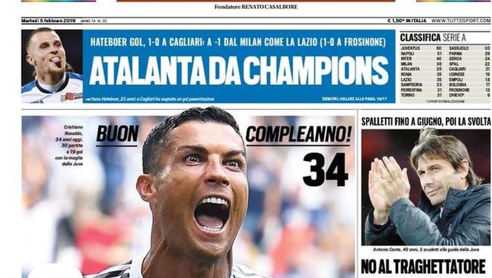Prima Pagina, Tuttosport: “Tre regali per Ronaldo. Inter, tutto su Conte. Atalanta da Champions…” Prima Pagina, Tuttosport: “Tre regali per Ronaldo. Inter, tutto su Conte. Atalanta da Champions…”