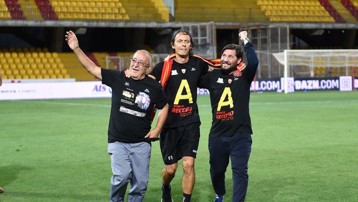 BENEVENTO, ITALY - JUNE 29: Filippo Inzaghi Benevento Calcio coach, Oreste Vigorito Benevento Calcio president and Pasquale Foggia Benevento Calcio sports director celebrate the victory of Serie B after the serie B match between Benevento Calcio and SS Juve Stabia at Stadio Ciro Vigorito on June 29, 2020 in Benevento, Italy. (Photo by Francesco Pecoraro/Getty Images for Lega Serie B) BENEVENTO, ITALY - JUNE 29: Filippo Inzaghi Benevento Calcio coach, Oreste Vigorito Benevento Calcio president and Pasquale Foggia Benevento Calcio sports director celebrate the victory of Serie B after the serie B match between Benevento Calcio and SS Juve Stabia at Stadio Ciro Vigorito on June 29, 2020 in Benevento, Italy. (Photo by Francesco Pecoraro/Getty Images for Lega Serie B)