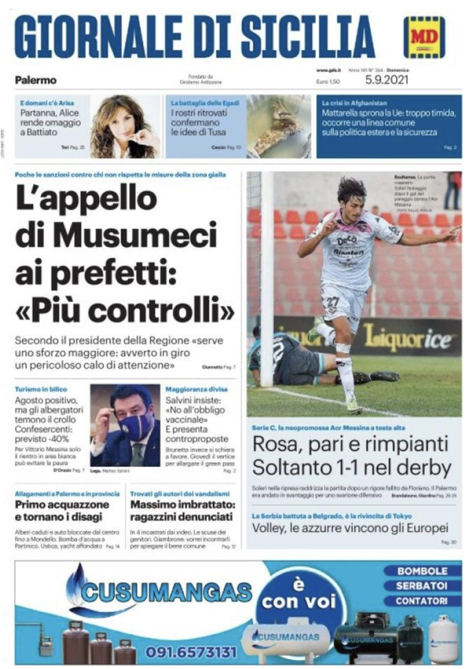 Prima Pagina, Giornale di Sicilia: “Palermo, pari e rimpianti. Solo 1-1 nel derby” Prima Pagina, Giornale di Sicilia: “Palermo, pari e rimpianti. Solo 1-1 nel derby”