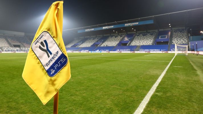 REGGIO NELL'EMILIA, ITALY - JANUARY 20: A general view inside the stadium as the 'Italian PS5 Supercup' logo is seen on the corner flag prior to the Italian PS5 Supercup match between Juventus and SSC Napoli at Mapei Stadium - Citta' del Tricolore on January 20, 2021 in Reggio nell'Emilia, Italy. Sporting stadiums around Germany remain under strict restrictions due to the Coronavirus Pandemic as Government social distancing laws prohibit fans inside venues resulting in games being played behind closed doors. (Photo by Marco Luzzani/Getty Images) 