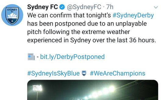 Derby bagnato, derby non giocato, la comunicazione ufficiale del Sydney FC Derby bagnato, derby non giocato, la comunicazione ufficiale del Sydney FC