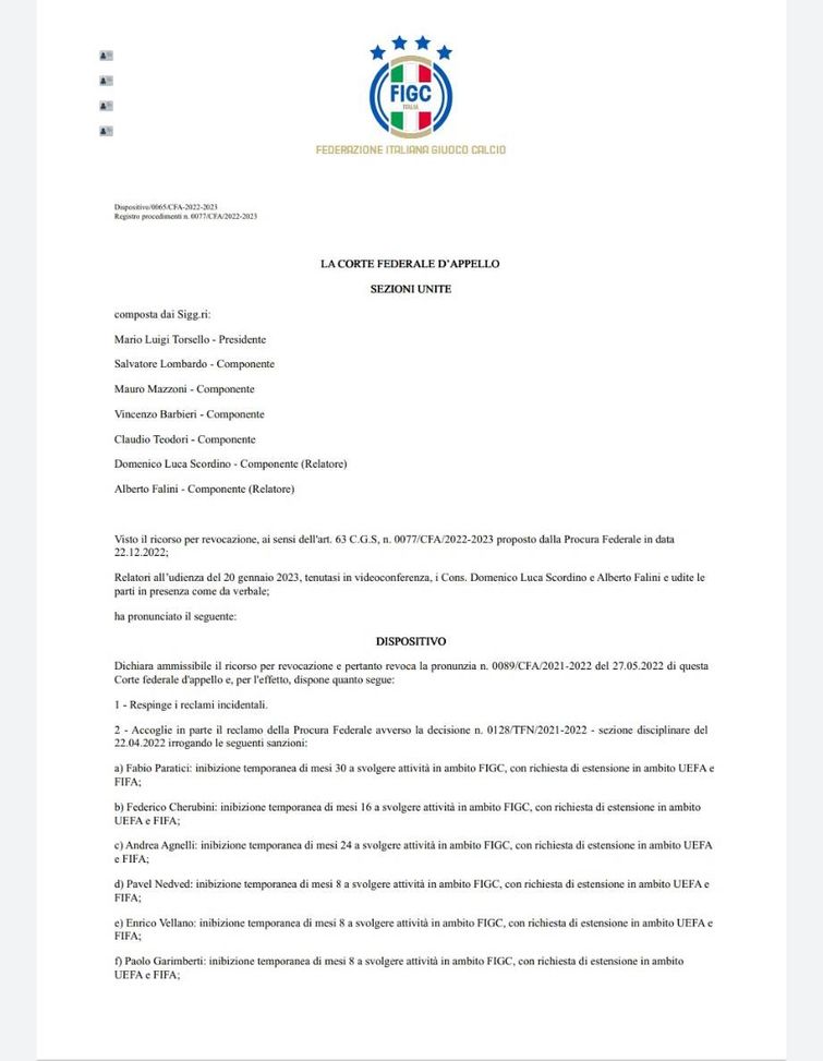 FOTO Caso plusvalenze, il documento della Corte Federale d’Appello sulla sentenza Juve- immagine 2