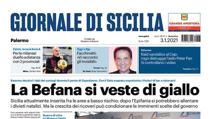 Prima Pagina, Giornale di Sicilia: &#8220;La Befana si veste di giallo, Sicilia area a basso rischio. I divieti&#8230;&#8221; 