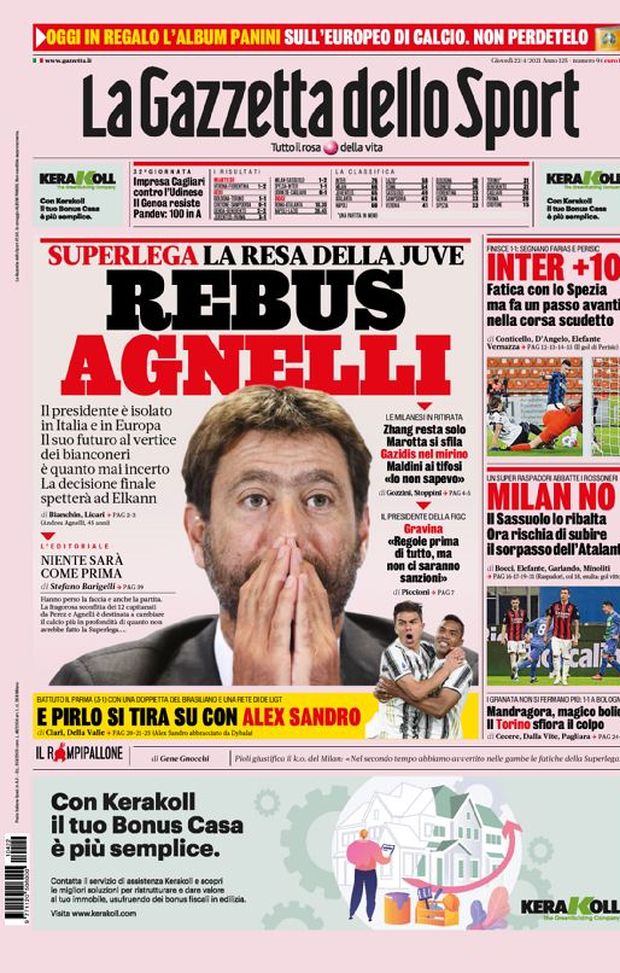 Prima Pagina, La Gazzetta dello Sport: “Rebus Agnelli, futuro quanto mai incerto. Inter +10, Milan no” 