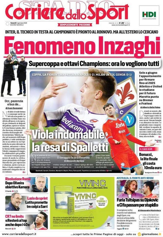 Prima Pagina, Corriere dello Sport: “Bonucci, la lite finale gli costa 10mila euro”  Prima Pagina