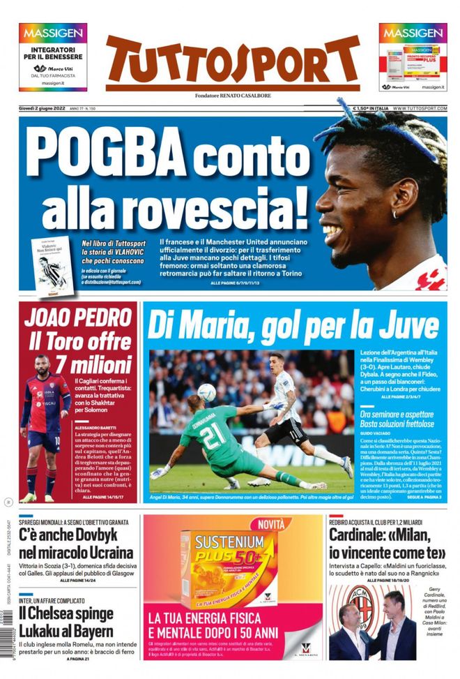 Prima Pagina, Tuttosport: “Pogba conto alla rovescia! Di Maria, gol per la Juve”  Prima Pagina, Tuttosport: “Pogba conto alla rovescia! Di Maria, gol per la Juve” - immagine 1
