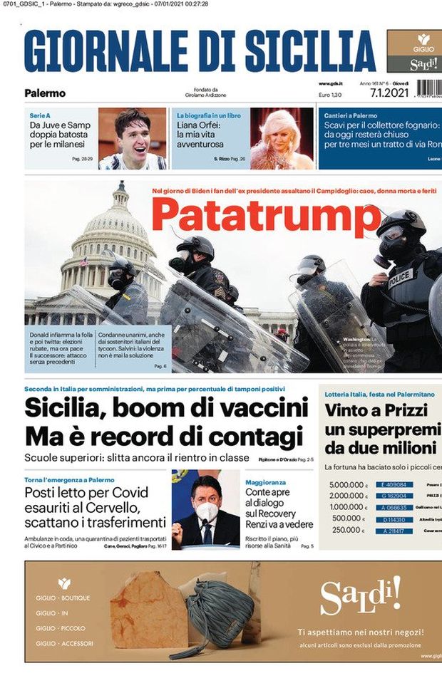 Prima Pagina, Giornale di Sicilia: “Patatrump. Sicilia, boom di vaccini ma è record di contagi”  Prima Pagina, Giornale di Sicilia: “Patatrump. Sicilia, boom di vaccini ma è record di contagi”