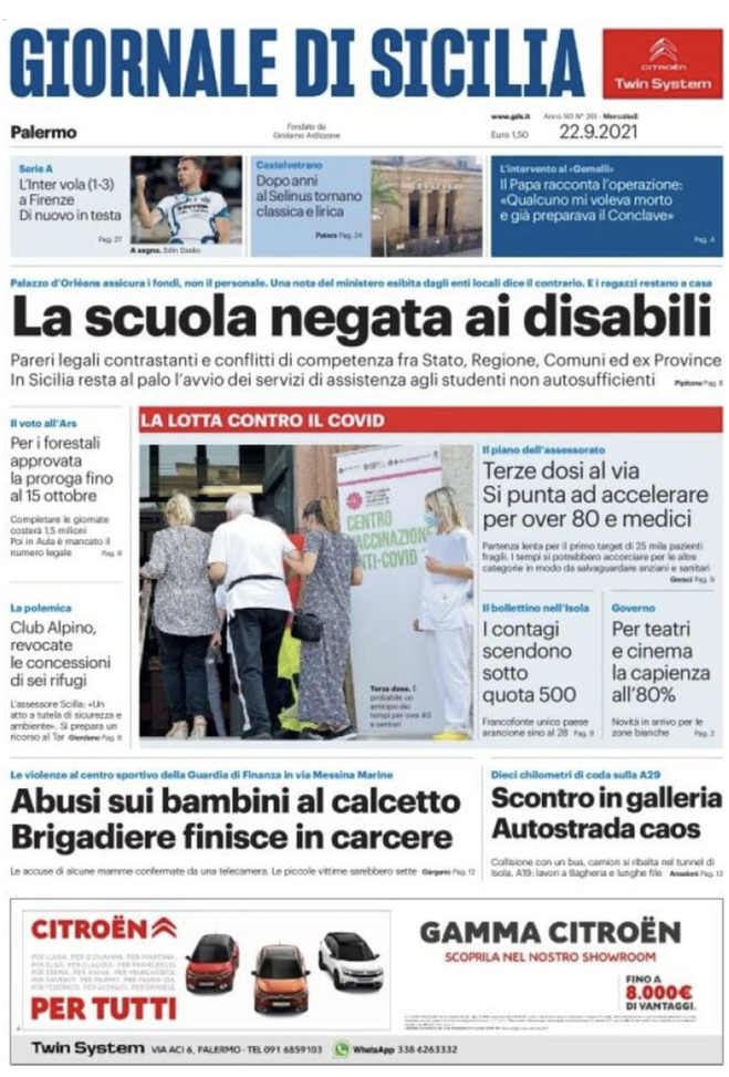 Prima Pagina, Giornale di Sicilia: “Contagi sotto quota 500. Al via le terze dosi” Prima Pagina, Giornale di Sicilia: “Contagi sotto quota 500. Al via le terze dosi”