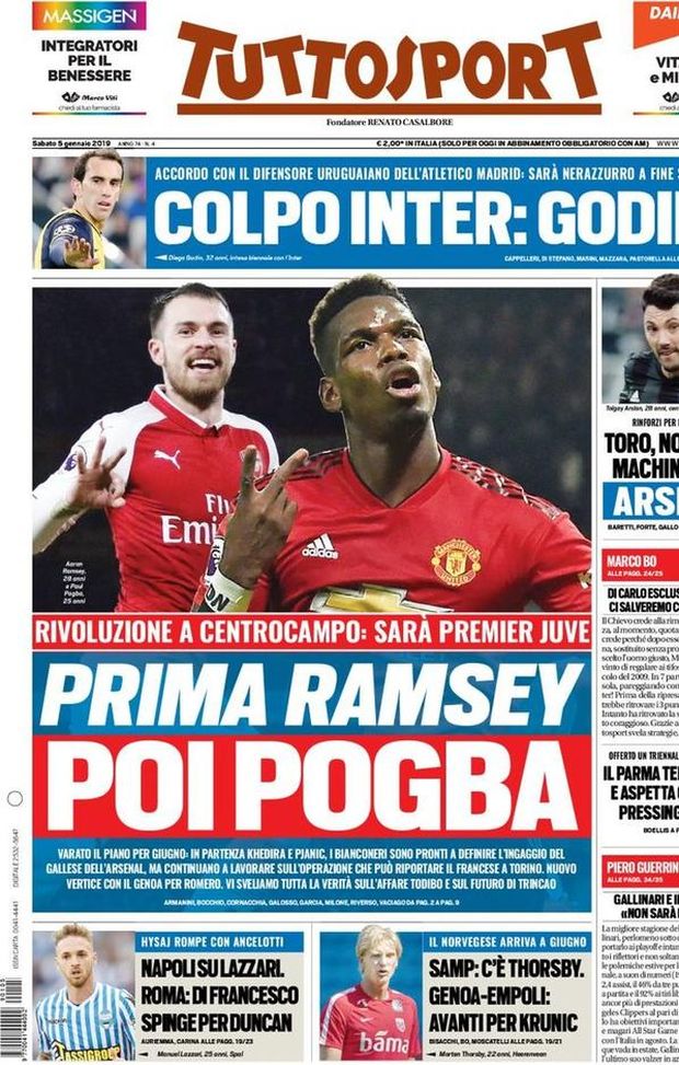Prima Pagina, Tuttosport: “Prima Ramsey, poi Pogba. Colpo Inter: Godin! Napoli su Lazzari…” Prima Pagina, Tuttosport: “Prima Ramsey, poi Pogba. Colpo Inter: Godin! Napoli su Lazzari…”