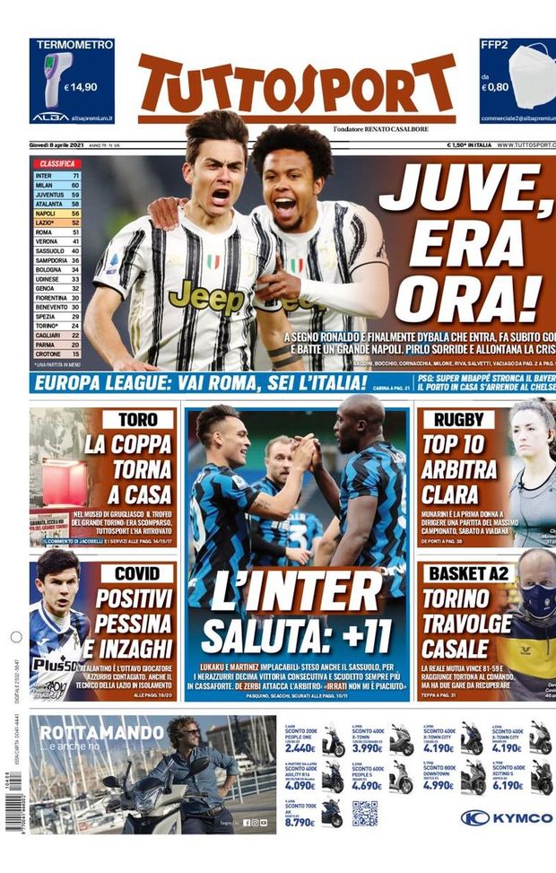 Prima Pagina, Tuttosport: “Juve, era ora! Finalmente Dybala. L’Inter saluta, +11” 