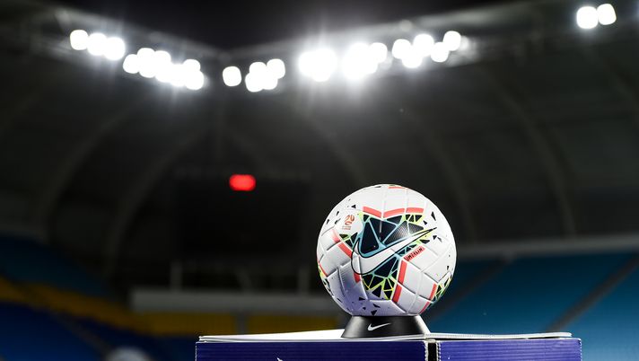 GOLD COAST, AUSTRALIA - MARCH 20: A general view of the match ball is seen during the round 27 A-League match between the Brisbane Roar and the Newcastle Jets at Cbus Super Stadium on March 20, 2020 in Gold Coast, Australia. (Photo by Albert Perez/Getty Images) 