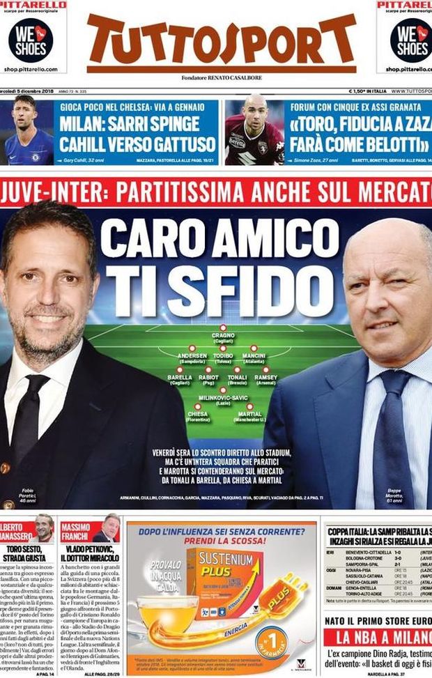 Prima Pagina, Tuttosport: “Caro amico ti sfido. Sarri spinge Cahill verso Gattuso. Inzaghi si regala la Juve…” Prima Pagina, Tuttosport: “Caro amico ti sfido. Sarri spinge Cahill verso Gattuso. Inzaghi si regala la Juve…”