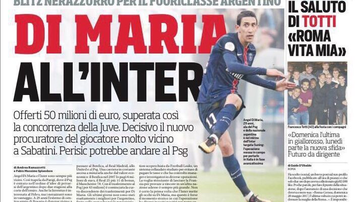 Prima Pagina, Corriere dello Sport: “Di Maria all’Inter, Perisic al Psg. Il fisco indaga su Cristiano Ronaldo” Prima Pagina, Corriere dello Sport: “Di Maria all’Inter, Perisic al Psg. Il fisco indaga su Cristiano Ronaldo”