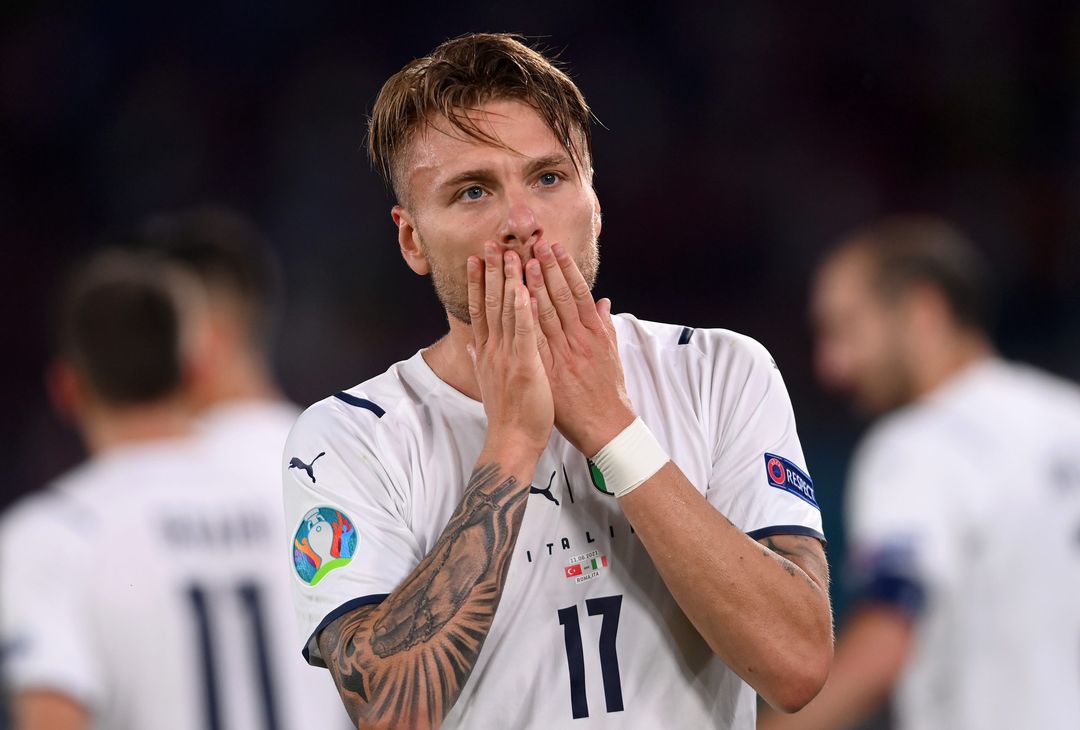  ROME, ITALY - JUNE 11: Ciro Immobile of Italy celebrates after scoring their side's second goal during the UEFA Euro 2020 Championship Group A match between Turkey and Italy at the Stadio Olimpico on June 11, 2021 in Rome, Italy. (Photo by Mike Hewitt/Getty Images) 