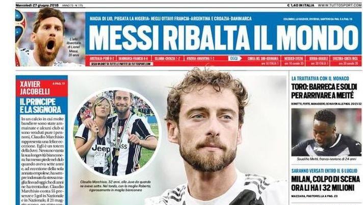 Prima Pagina, Tuttosport: &#8220;Fedelissimo. Messi ribalta il mondo. Nainggolan in tackle sulla Roma&#8230;&#8221; 