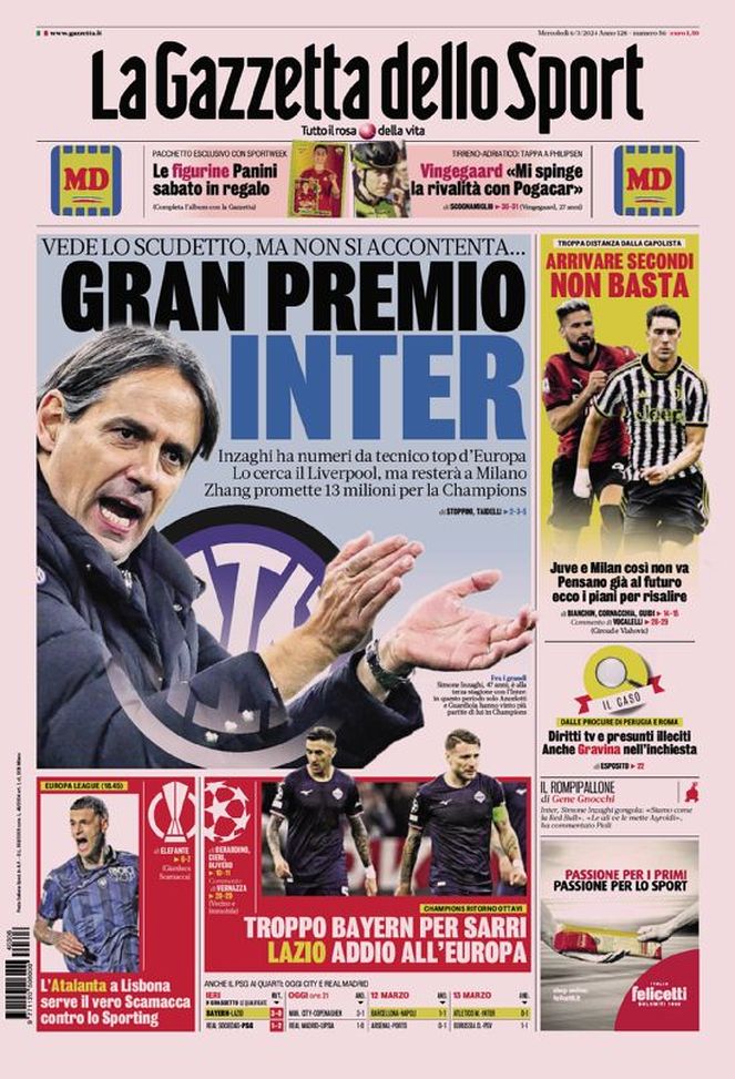 Prima Pagina Gazzetta dello Sport mercoledì 6 marzo
