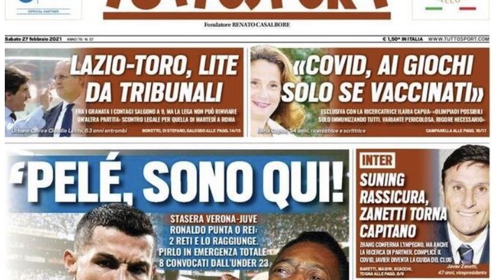 Prima Pagina, Tuttosport: “Pelé, sono qui! Ronaldo punta O Rei. Lazio-Toro, lite da tribunali” Prima Pagina, Tuttosport: “Pelé, sono qui! Ronaldo punta O Rei. Lazio-Toro, lite da tribunali”