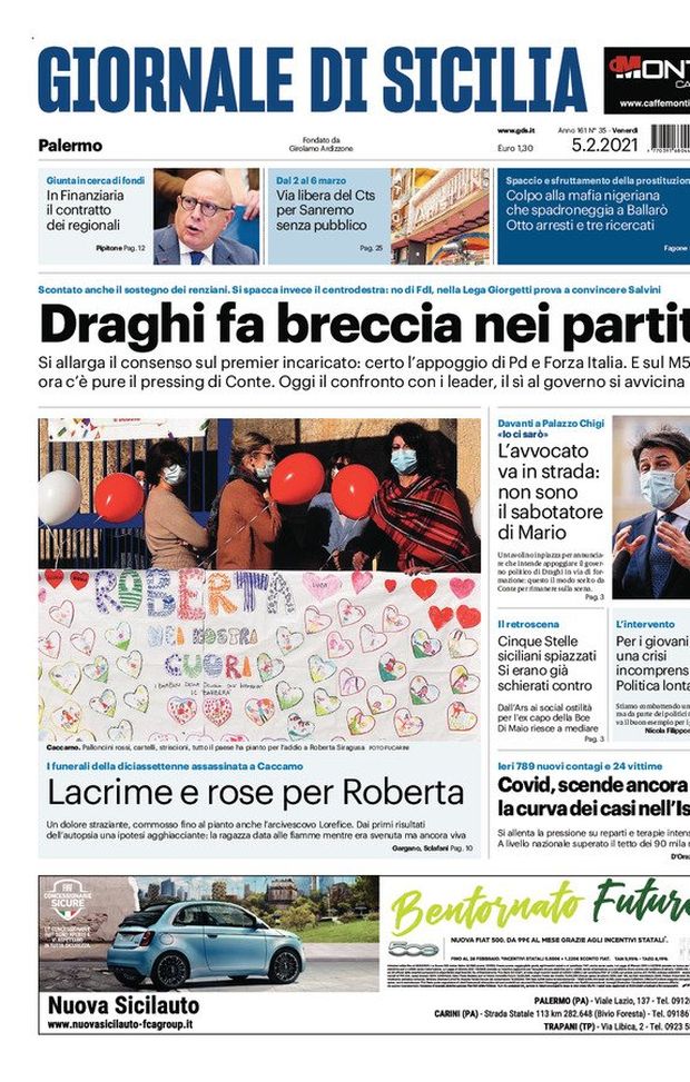 Prima Pagina, Giornale di Sicilia: “Draghi fa breccia nei partiti! Covid, scende ancora la curva dei casi” 
