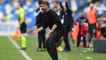 NAPLES, ITALY - APRIL 03: Gennaro Gattuso SSC Napoli reacts coach during the Serie A match between SSC Napoli and FC Crotone at Stadio Diego Armando Maradona on April 03, 2021 in Naples, Italy. Sporting stadiums around Italy remain under strict restrictions due to the Coronavirus Pandemic as Government social distancing laws prohibit fans inside venues resulting in games being played behind closed doors. (Photo by Francesco Pecoraro/Getty Images)