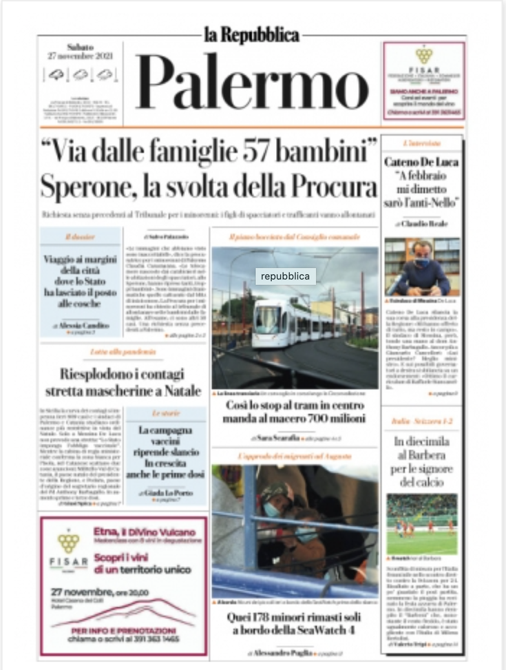Prima Pagina, La Repubblica Palermo: “Via dalle famiglie 57 bambini” Prima Pagina, La Repubblica Palermo: “Via dalle famiglie 57 bambini”