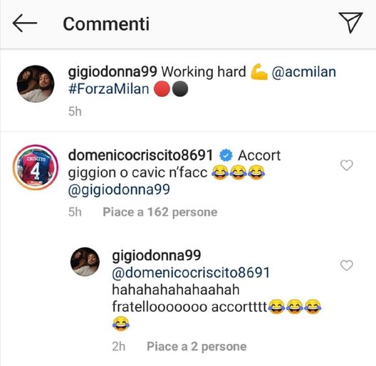 Lo scambio su Instagram tra Donnarumma e Criscito, Instagram Donnarumma Lo scambio su Instagram tra Donnarumma e Criscito, Instagram Donnarumma