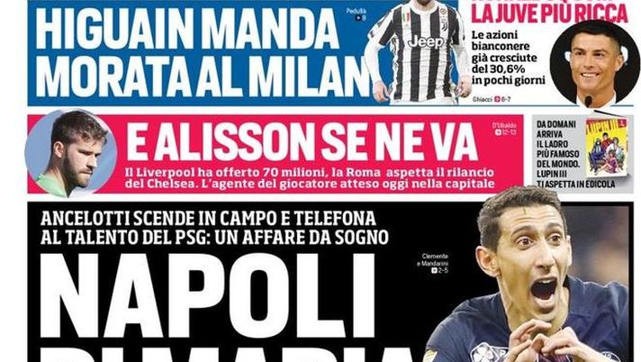 Prima Pagina, Corriere dello Sport: “Napoli, Di Maria benedetto. Ronaldo boom. Parma rischia la A, Palermo spera…” 