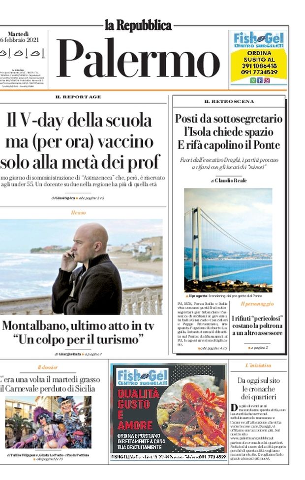 Prima Pagina, La Repubblica-Palermo: “Il V-day della scuola ma vaccino solo alla metà dei prof”  Prima Pagina, La Repubblica-Palermo: “Il V-day della scuola ma vaccino solo alla metà dei prof”