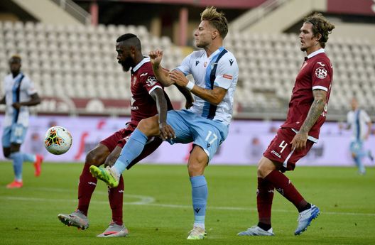 TURIN, ITALY - JUNE 30: Ciro Immobile of SS Lazio compete for the ball with Nicola Nkoulou of Torino FC during the Serie A match between Torino FC and SS Lazio at Stadio Olimpico di Torino on June 30, 2020 in Turin, Italy. (Photo by Marco Rosi - SS Lazio/Getty Images) TURIN, ITALY - JUNE 30: Ciro Immobile of SS Lazio compete for the ball with Nicola Nkoulou of Torino FC during the Serie A match between Torino FC and SS Lazio at Stadio Olimpico di Torino on June 30, 2020 in Turin, Italy. (Photo by Marco Rosi - SS Lazio/Getty Images)