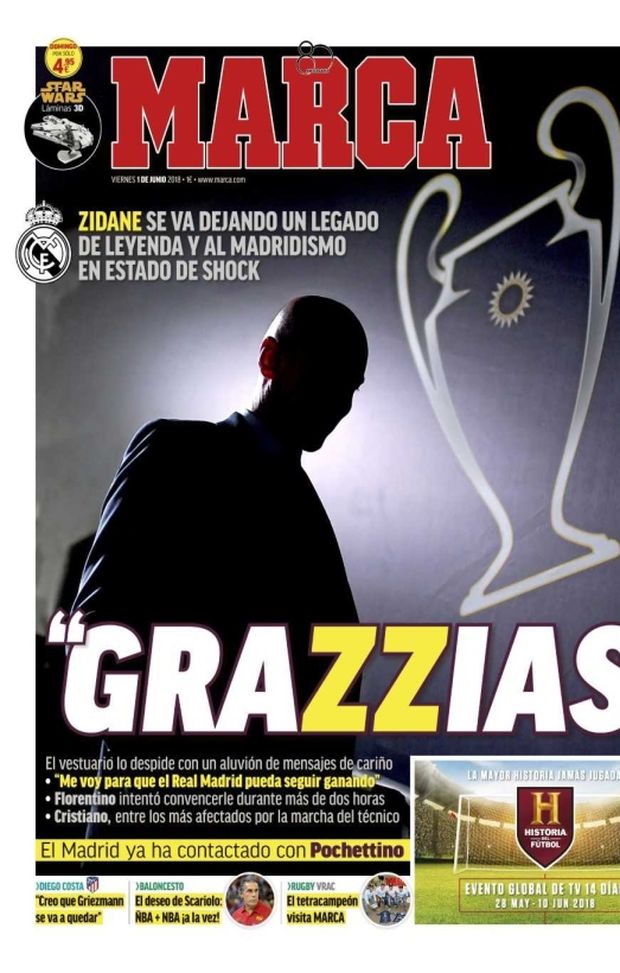 Prima Pagina, Marca: “GraZZie: Zidane lascia il Real, madridismo in stato di shock. Contattato Pochettino…” Prima Pagina, Marca: “GraZZie: Zidane lascia il Real, madridismo in stato di shock. Contattato Pochettino…”
