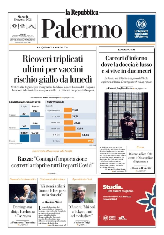 Prima Pagina, La Repubblica-Palermo: “Rischio giallo da lunedì” Prima Pagina, La Repubblica-Palermo: “Rischio giallo da lunedì”