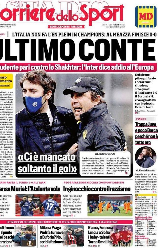  La prima pagina del Corriere dello Sport, in in edicola oggi, 10 dicembre 2020 